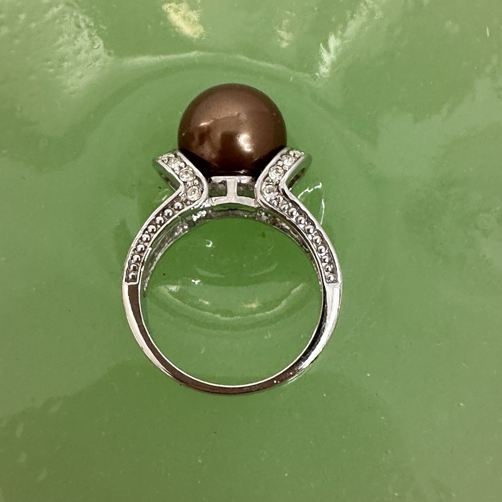 RSC Elegant Silver Tone Faux Chocolate Pearl & Rhinestone Cocktail Ring Size 7.5